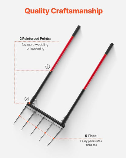 VEVOR Broad Fork, 5-Tine Pitchfork with Dual Fiberglass Handles, Heavy Duty Garden Fork, Ergonomic U-Shaped Design Broadfork Hand Tiller, Gardening Tool for Composting Transplanting Aeration