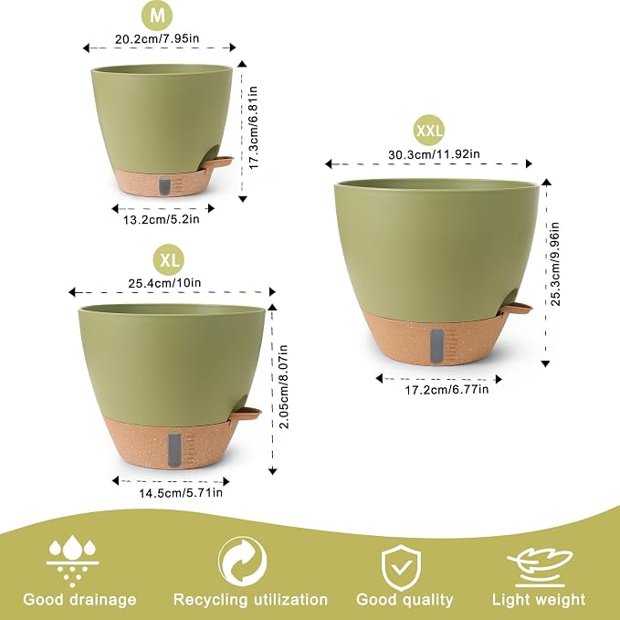 Self Watering Pots for Indoor Plants, 3 Pack 12/10/8 Inch, Large Planter with Water Reservoir, Modern Decorative Flower Pots for Home & OfficeGreen