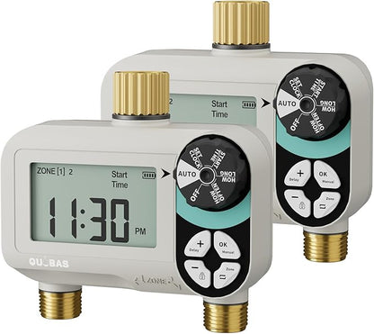 QUOBAS Zero Pressure Sprinkler Timer with Child Lock, Programmable Water Timer for Garden Hose with Brass Ports, Rain Delay/Manual/Auto Irrigation System, 2 Zone Watering for Rain Barrel, 2 Pack
