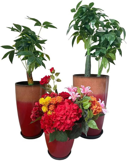 24,21,11 Inch Large Plastic Planters with Drainage Hole and Saucer - Set of 3 Tall Plant Pots Indoor Flower Pot Tall Round Planters Outdoor Large Tall Planter
