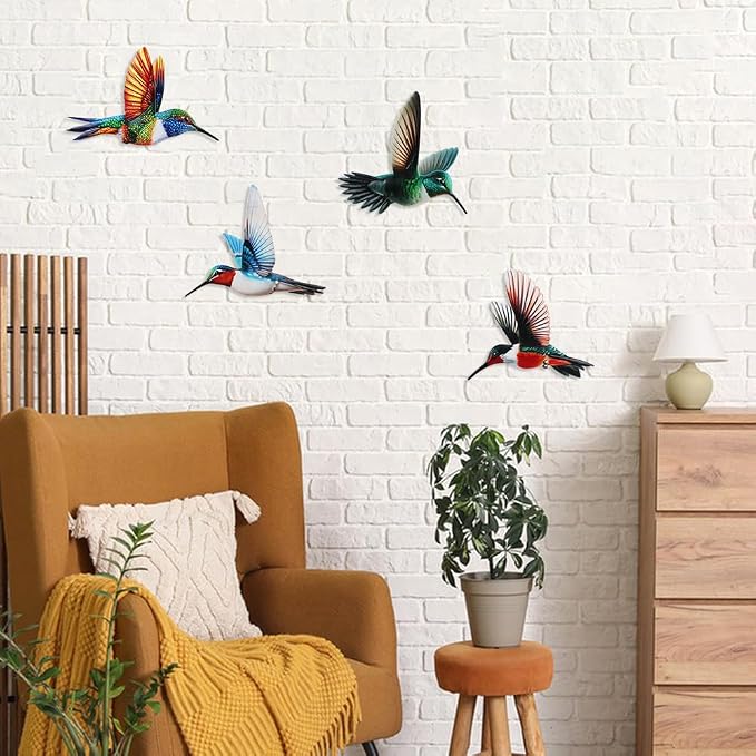 4 Pack Metal Hummingbird Wall Art Garden Decor, Birds Outdoor Wall Art Yard Patio Fence Decoration, 3D Colorful Bird Wall Hanging Sculpture Outside Livingroom Gift for Women Mom