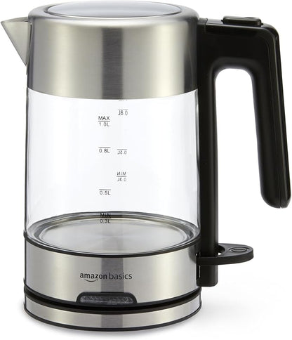 Amazon Basics Electric Kettle with Glass Carafe for Tea and Coffee, Fast Boiling, Auto Shut-Off, Boil-Dry Protection, Temperature Control, Removable Filter, 1 Liter, 1500W, BPA-Free