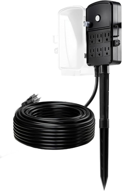 VEVOR Outdoor Power Stake Waterproof, 100 FT Extension Cord, Outdoor Power Strip, Weatherproof with Cover and Overload Protection, 6 Outlets, 13A/1625W for Halloween/Christmas Lights Decorations