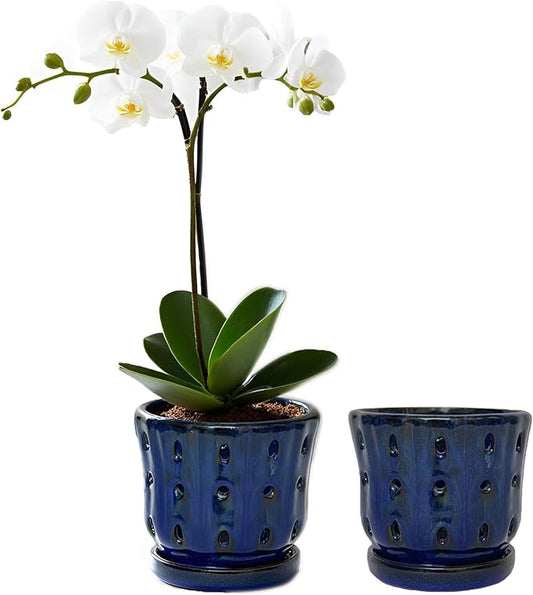 Orchid Pots 4.9 inch Ceramic Orchid Pots with Holes and Draiange Hole Orchid Planter Set of 2 (Dark Blue)