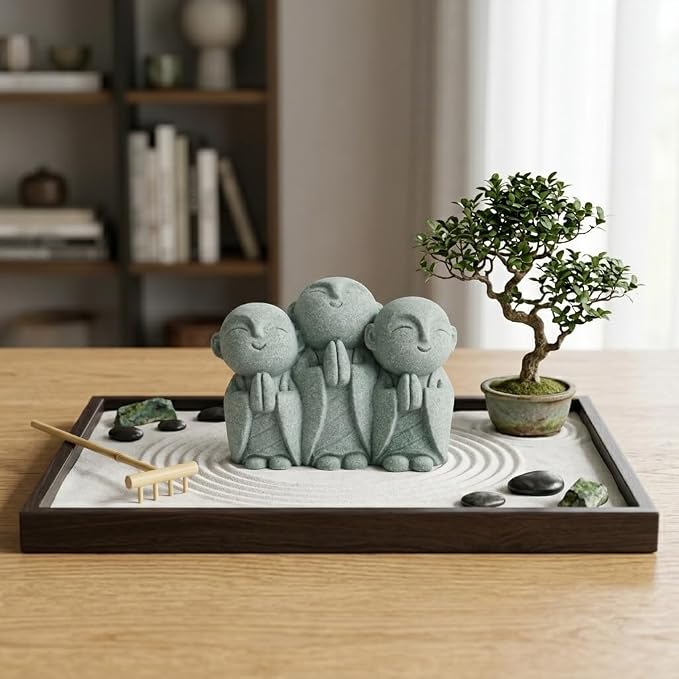 Triple Jizo Monk Statue, Sandstone Figurine for Zen Aquarium Decor | Triple Jizo monk sandstone figurine with connected design for aquarium decor, bonsai displays, and minimalist zen spaces