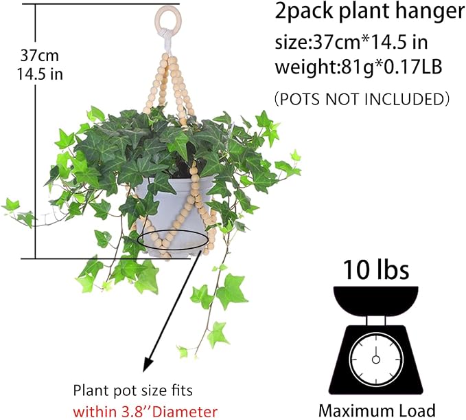 Artilady 2 Pack Beaded Plant Hanger Indoor - Macrame Hanging Planters for Plants Holder No Tassels with Wooden Beads Boho Farmhouse Rustic Home Decor (Wood Color Bead-2pcs)