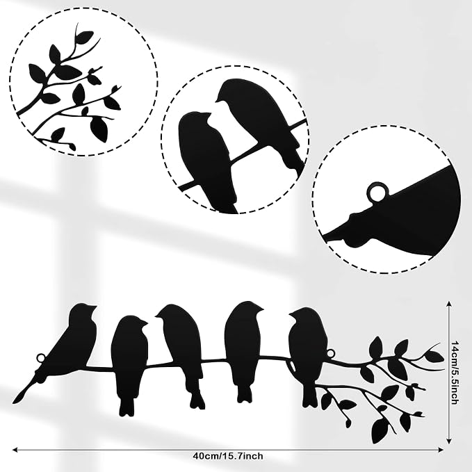 Ferraycle Metal Bird Wall Art - Birds on Branch with Leaves - Metal Sculpture Wall Hanging Sign for Balcony, Garden, Home Decor(Black)