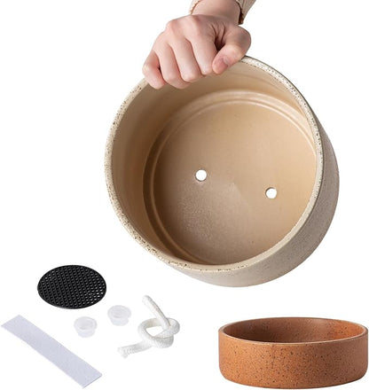 8 Inch Ceramic Self Watering Planter with Drainage Hole, Brush | Indoor Plant Pot with Water Storage Plus - for African Violet, Herbs & Pothos - Home & Office Decor, Cylinder Round