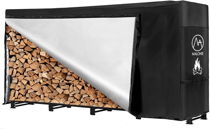 nalone 8FT Outdoor Firewood Rack with Cover&Carry Bag Heavy Duty Square Strong Stand Rack with Waterproof Cover for Fireplace Fire Pits Wood Pile Storage Holder Lumber Rack