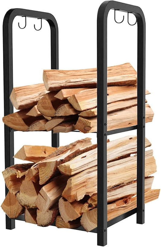 2-Tier Fireplace Firewood Rack Holder for Indoor Outdoor, Small Fire Wood Holder Log Storage Stacker Stand for Patio, Black(Without Wheels)