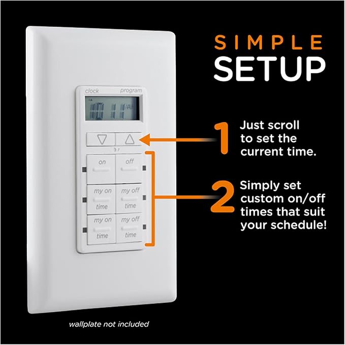 myTouchSmart In-Wall Digital Timer, 4 Programmable On/Off Buttons, 2 Easy On/Off Buttons, 24 Hour Daily Cycles, Blue LED Indicators, with Battery Backup, for Indoor/Outdoor Lights, Fans, 26893
