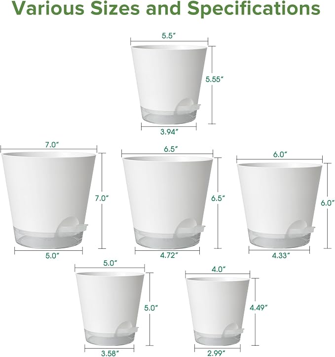 GARDIFE 2026 Upgraded Self Watering Plant Pots with Drainage Hole, 7/6.5/6/5.5/5/4 Inch Flower Planting Containers for House Plants, African Violet, Flowers, Cactus (White, 7+6.5+6+5.5+5+4 inch)