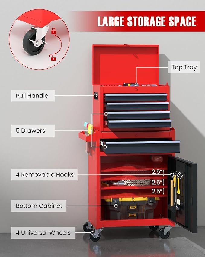 ARNOT 2-in-1 Rolling Tool Chest with 5 Drawers, Heavy-Duty Metal Tool Box with Wheels, Detachable Top Tool Box & Rolling Tool Cabinet for Garage, DIY, Mechanics, Red+Black