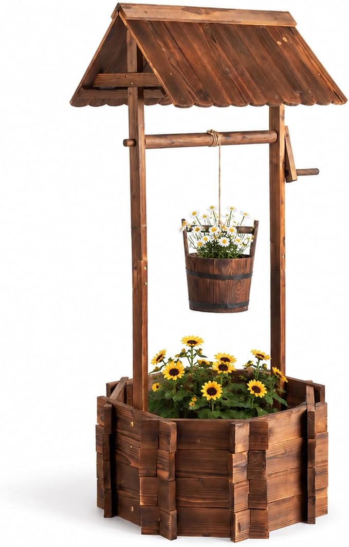 VINGLI Wooden Wishing Well Outdoor Planters, Well Covers for Yard with 4 Reinforced Rods, Height Adjustable Hanging Bucket, Rustic Flower Pot Decor for Outside Patio Garden(Carbonized, 25" Width)