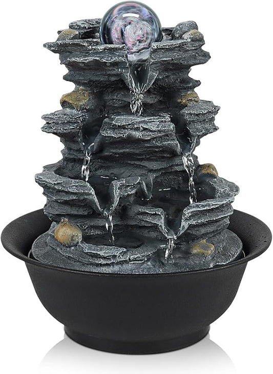 Tabletop Water Indoor Fountain Waterfall Indoor Water Fountains Feng Shui Zen Decorative Desktop Fountain with Colored Led Light and Spinning Ball for Room,Office(Style 1)