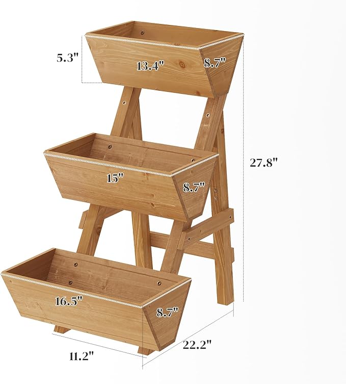 3-Tier Wooden Vertical Raised Garden Bed with Legs, Tiered Planter Box, Vertical Garden Planter,Wood Plant Stand Wood Flower Rack for Patio, Balcony, Freestanding (Brown-Small)