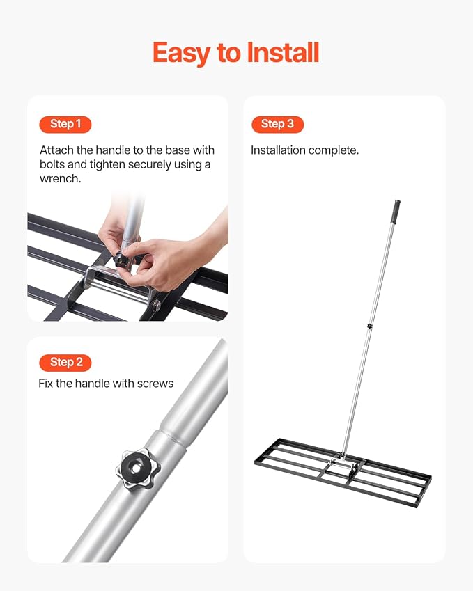 VEVOR Lawn Leveling Rake, Lawn Leveler with 83.9 in Handle, 36x10 in Ground Plate, Rust-Resistant Carbon Steel Soil Leveler, 3 Heights Adjustable, Effort Saving Lawn Leveling Tool for Yard Golf Court