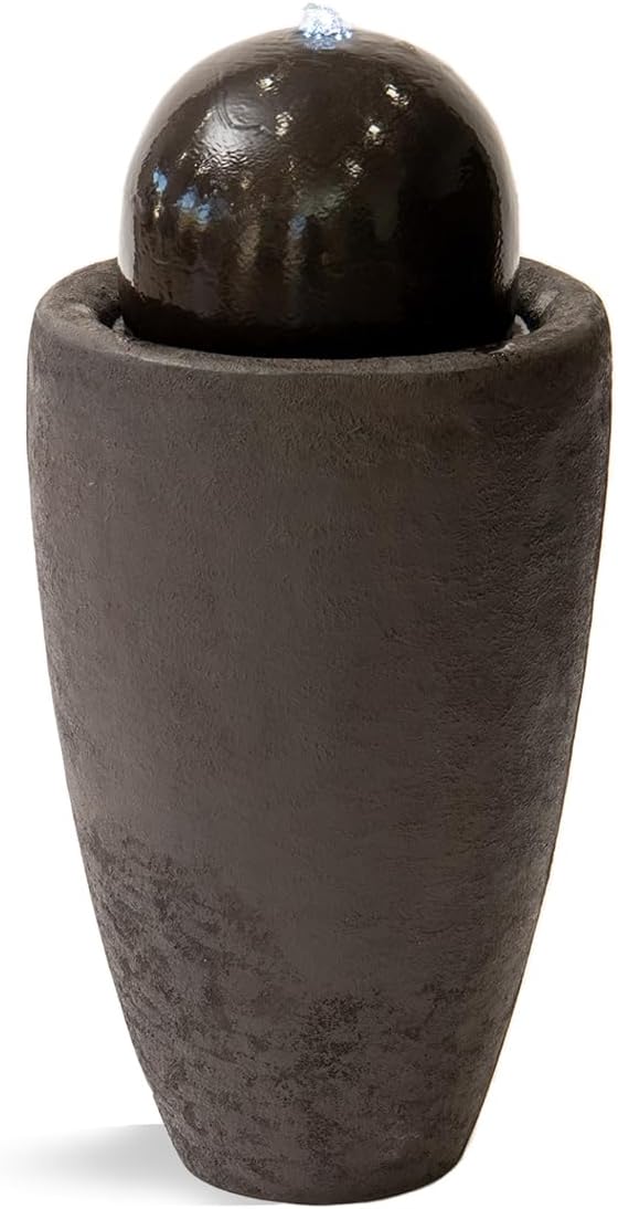 XBrand 25.98" H Brown Round Stone Indoor/Outdoor Modern Sphere Water Fountain with LED Lights – Ball Bubbling Fountain Décor for Garden, Patio, or Tabletop