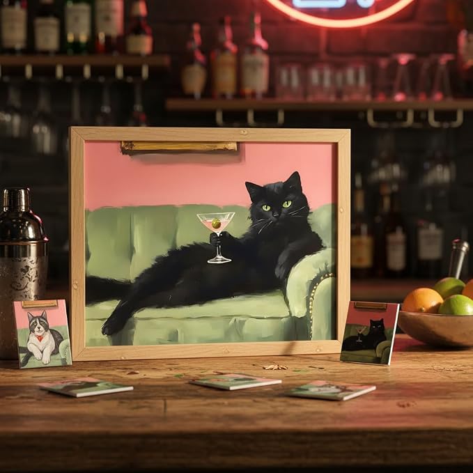 smvexyl Funny Black Cat Wall Art with Martini Glass, Eclectic Cocktail Cat Canvas Painting, Quirky Animal Bar Cart Decor for Kitchen Living Room Apartment Wall Decor Framed Artwork 24x16 Inch