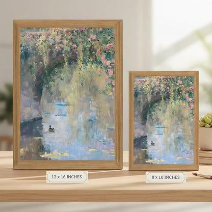 Framed Monet Wall Art, Water Lilies Pond Landscape Canvas Print, 16x24in | Vintage floral pond art in rustic wood frame for bedroom, bathroom, living room or French country decor