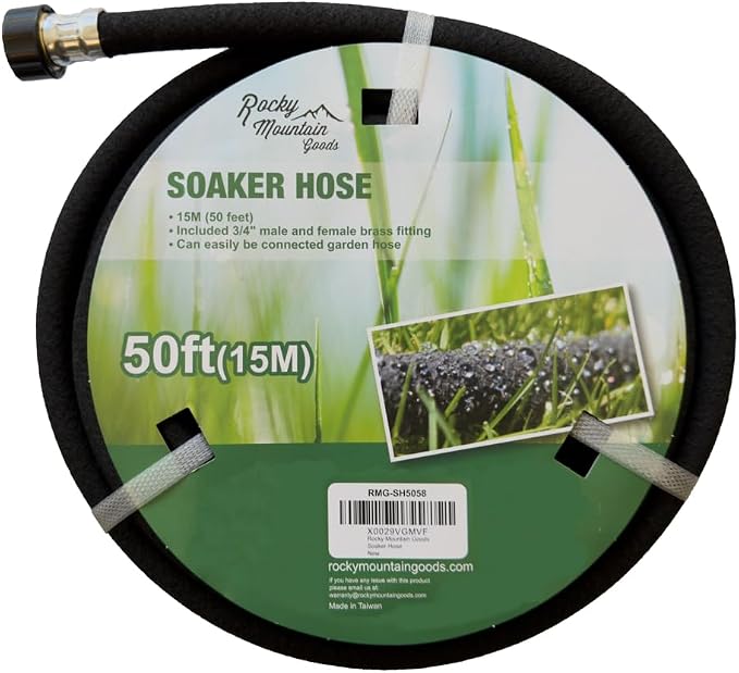 Rocky Mountain Goods Soaker Hose - Heavy duty rubber - Saves 70% water - End cap included for additional hose connect - Great for gardens/flower beds - Reinforced fittings (50-Feet by 5/8-Inch)