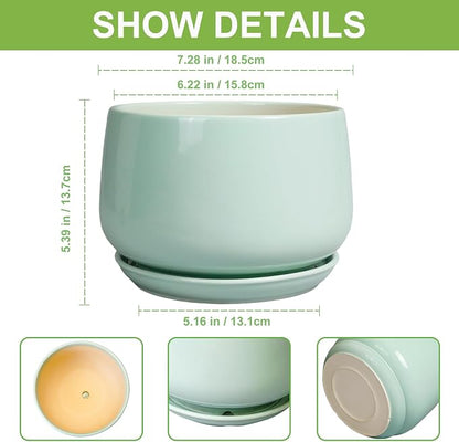 G EPGardening Ceramic Plant Pots - 7 Inch Planter for Indoor Outdoor Plants, Ceramic Planter with Drainage and Saucer, Round Modern Flower Pots, House Decor, Gift for Men Women, Green