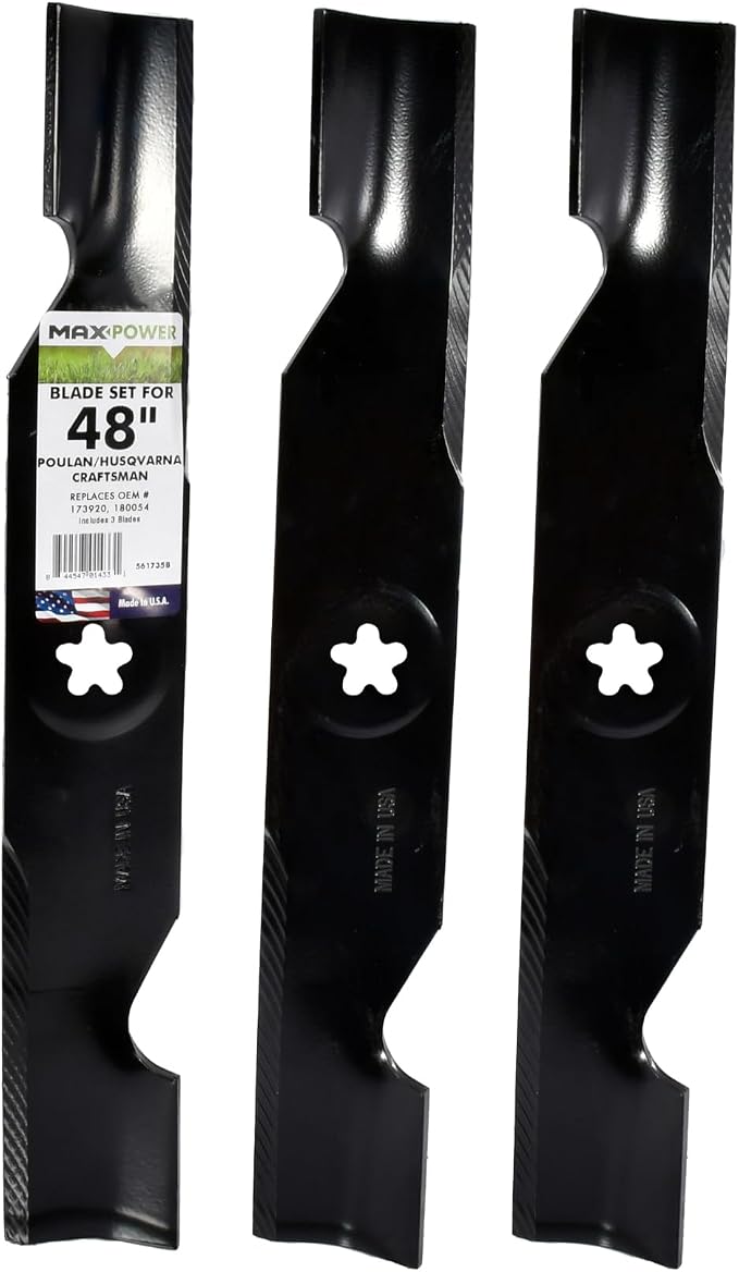 MaxPower 561735B USA MADE 3 Blade Set | For Many 48 in. Cut Craftsman, Husqvarna, Poulan Mowers Replaces OEM #'s 173920, 180054, 532180554, 575938201, PP24005