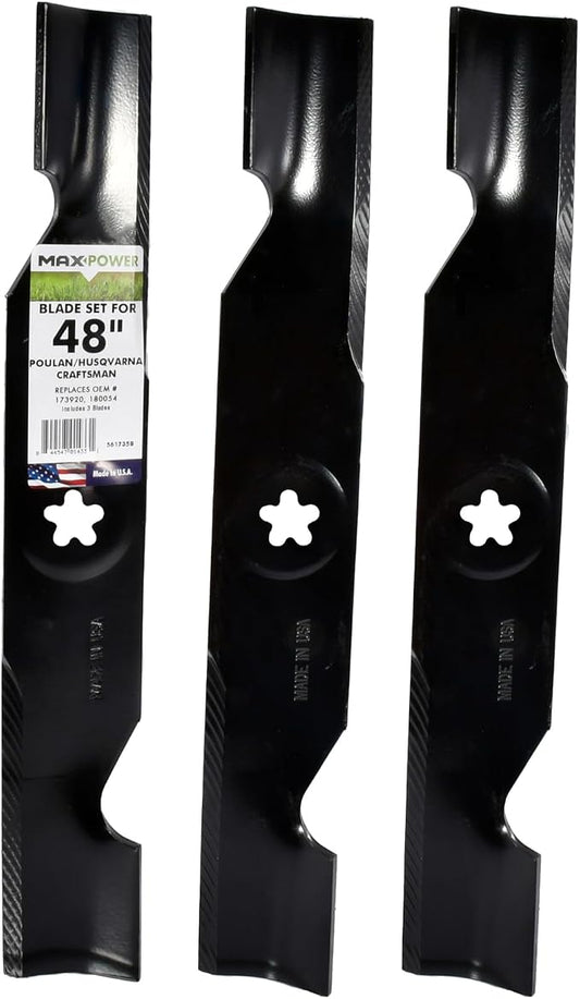 MaxPower 561735B USA MADE 3 Blade Set | For Many 48 in. Cut Craftsman, Husqvarna, Poulan Mowers Replaces OEM #'s 173920, 180054, 532180554, 575938201, PP24005
