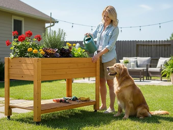 FORTUNO Raised Garden Bed with Wheels 48"x24"x33" Large Wood Planter Box with Legs Outdoor Mobile Wooden Elevated Raised Beds for Vegetable Flower, Standing Gardening Box with Liner for Patio, Deck