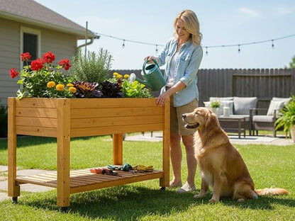 FORTUNO Raised Garden Bed with Wheels 48"x24"x33" Large Wood Planter Box with Legs Outdoor Mobile Wooden Elevated Raised Beds for Vegetable Flower, Standing Gardening Box with Liner for Patio, Deck