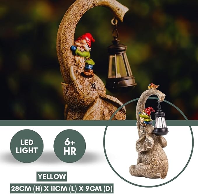 Banax Elephant Solar Garden Ornaments with Lanterns 11 in Elephant Garden Statues Outdoor Figurines with Solar Powered LED Lights for Garden Decor Durable Resin Outdoor Statues for Patio Yard