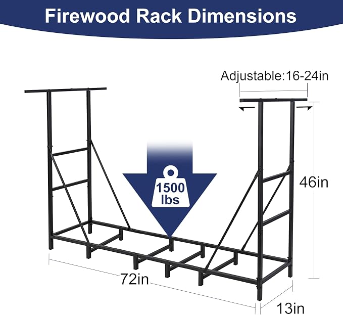 HONEST OUTFITTERS 6ft Firewood Rack Outdoor, Adjustable Heavy Duty Firewood Holder, Adjustable Wood Racks for Outdoor Indoor, Metal Log Racks for Firewood with Firewood Bag Carrier, Black