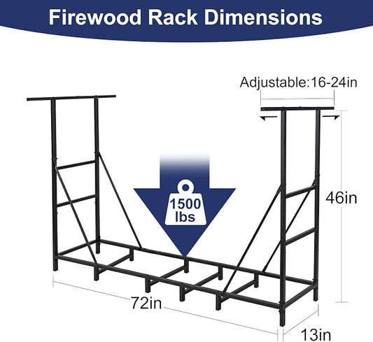 HONEST OUTFITTERS 6ft Firewood Rack Outdoor, Adjustable Heavy Duty Firewood Holder, Adjustable Wood Racks for Outdoor Indoor, Metal Log Racks for Firewood with Firewood Bag Carrier, Black