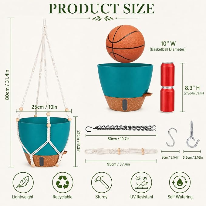 10 Inch Hanging Planters for Indoor Plants, 2 Pack Self Watering Hanging Baskets Flower Pots with Drainage Hole, Visual Reservoir & 2 Kinds of Plant Hanger for Home Decor (Deep Teal, 10 Inch)