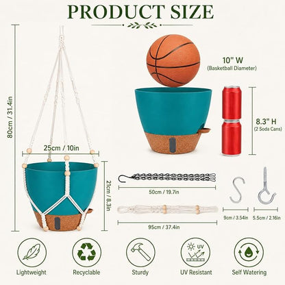 10 Inch Hanging Planters for Indoor Plants, 2 Pack Self Watering Hanging Baskets Flower Pots with Drainage Hole, Visual Reservoir & 2 Kinds of Plant Hanger for Home Decor (Deep Teal, 10 Inch)