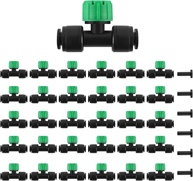 Kalolary 30Pcs Push-to-Fit Drip Irrigation Emitters for 1/4 inch Tubing, Adjustable Drip Emitter Sprayer with 8 Holes Irrigation Dripper Sprinklers with 6PCS End Plugs for Irrigation System(Green)