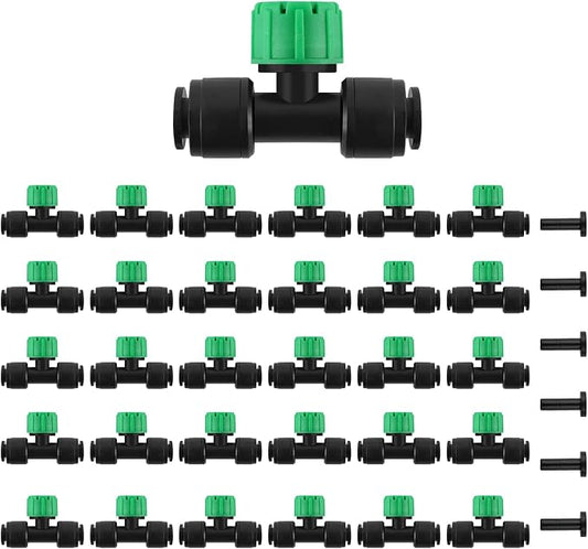 Kalolary 30Pcs Push-to-Fit Drip Irrigation Emitters for 1/4 inch Tubing, Adjustable Drip Emitter Sprayer with 8 Holes Irrigation Dripper Sprinklers with 6PCS End Plugs for Irrigation System(Green)