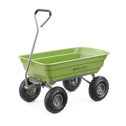 Gorilla Carts Poly Garden Dump Cart, 4 Cu Ft Tub, 600 lb Haul Capacity, Green – Heavy-Duty Utility Wagon with Quick-Release Dumping & Pneumatic Tires for Yard, Landscaping and Gardening