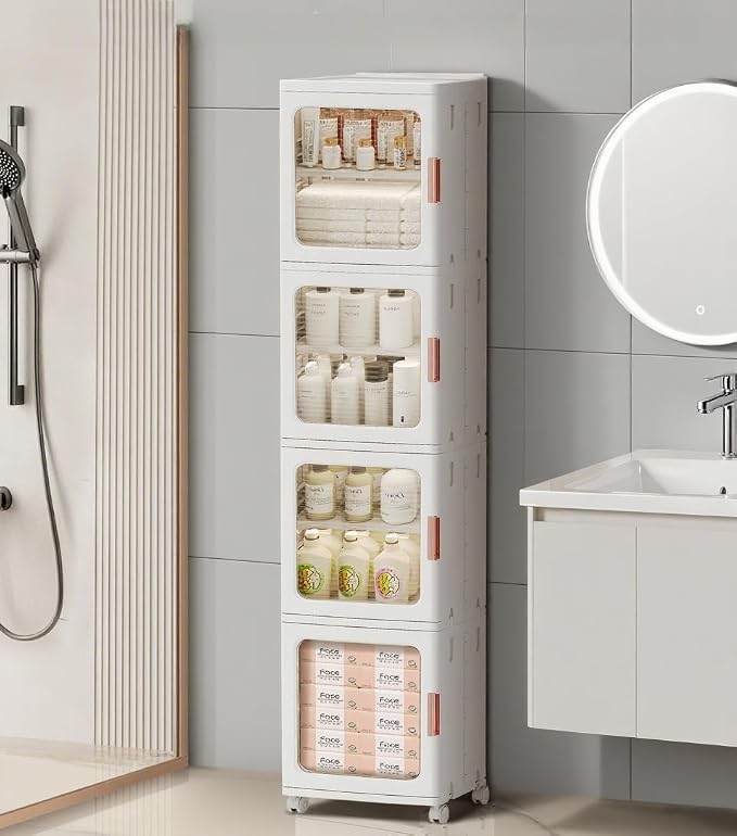 4-Tier Tall Narrow Bathroom Storage Cabinet for Small Space,White | Quick Assembly,Foldable,Plastic Organizers,Magnetic Doors,Adjustable Shelves,Slim Storage Cabinet,Wheels