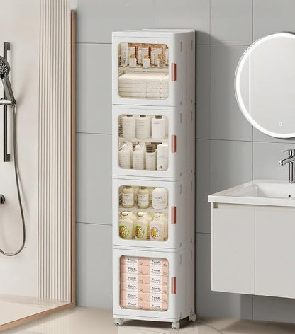 4-Tier Tall Narrow Bathroom Storage Cabinet for Small Space,White | Quick Assembly,Foldable,Plastic Organizers,Magnetic Doors,Adjustable Shelves,Slim Storage Cabinet,Wheels