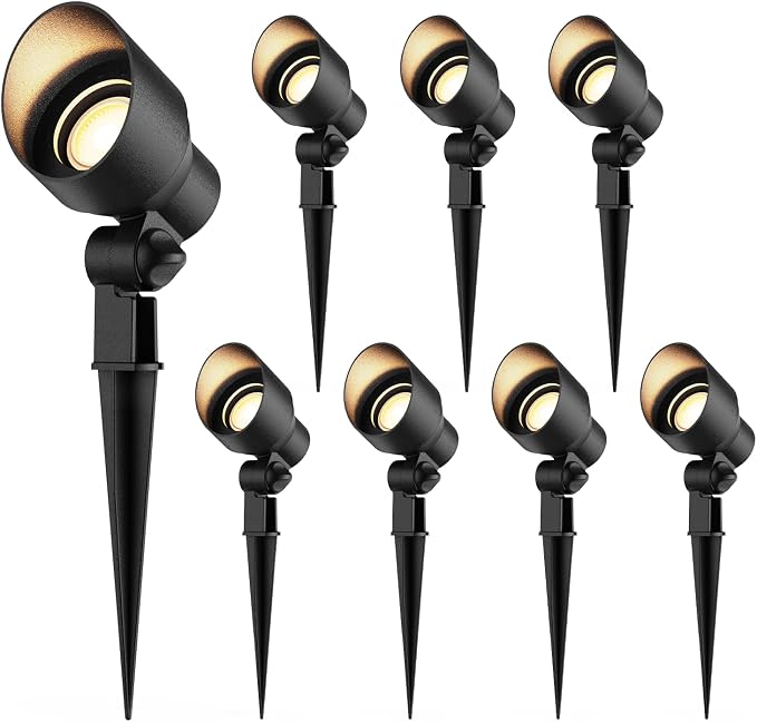 Low Voltage Spotlights 8PK 20W Halogen Floodlights 12V AC Outdoor Spot Lights Black Landscape Lighting Kit 145 Lumens 3000K with Spike Stake and Connector for Garden, Yard, Lawn