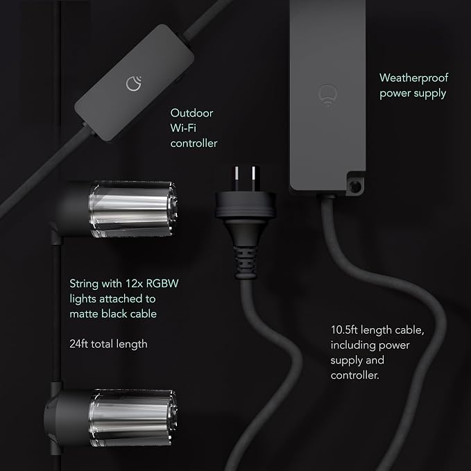 LIFX 24ft Smart Outdoor Extendable String Lights, Wi-Fi 2.4GHz, Color-Changing RGB + Tunable White, App & Voice Control (Alexa, Google, HomeKit), Dynamic Effects & Schedules, Patio & Garden Lighting