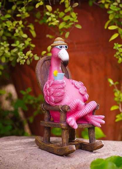 Solar Flamingo Statue for Outdoor Garden Decor - Resin Flamingo Fairy Garden Decor - Suitable for Home Desk Garden Lawn Patio Porch Decor, Unique Gifts for Mom Grandma (8.1 inch)