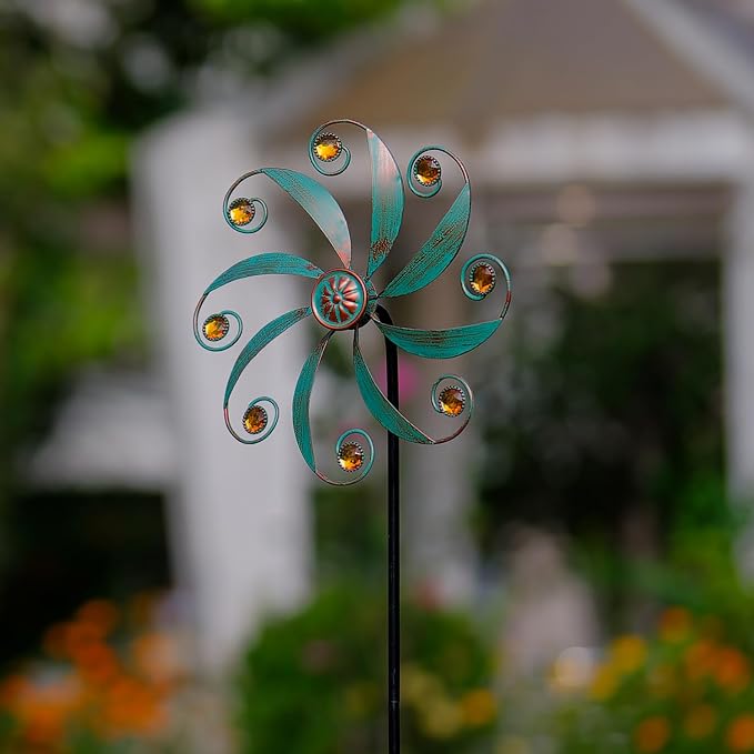 Stargarden 2Pack Wind Spinner, Metal Outdoor Wind Sculptures & Spinners | Small Garden Pinwheels for Yard and Garden Decor,Green