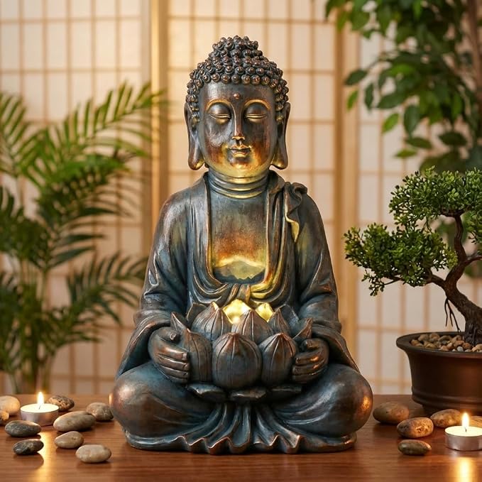TERESA'S COLLECTIONS Meditating Buddha Statue for Garden Decor with Outdoor Solar Lights, Large Resin Outdoor Decor Garden Statue Sculpture for Home Lawn Yard Decor Gifts for Mom, 7.1''