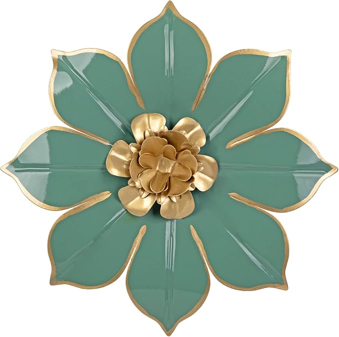 10" Metal Flowers Wall Decor, Green & Gold 3D Floral Metal Wall Art Decor for Inoor & Outdoor Use, Vintage & Modern Walls Arts for Bathroom, Living Room, Bedroom, Office, Garden, Patio, Porch, 1 Piece
