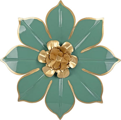 10" Metal Flowers Wall Decor, Green & Gold 3D Floral Metal Wall Art Decor for Inoor & Outdoor Use, Vintage & Modern Walls Arts for Bathroom, Living Room, Bedroom, Office, Garden, Patio, Porch, 1 Piece