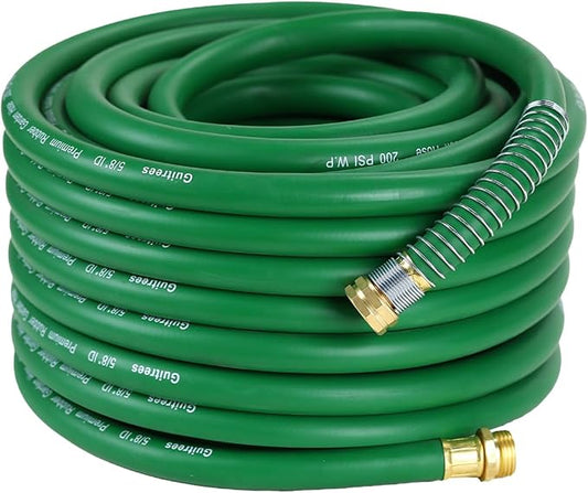 Guitrees 75FT 5/8 Heavy Duty Rubber Garden Hose - 300psi Working, 1000psi Burst - Hot/Cold Water - Five-Layered Braiding for Durability - Versatile for Gardening, Agriculture, Construction(Green)