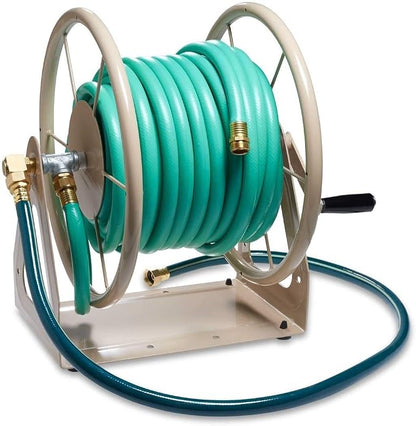 Liberty Garden Products 703-1 Multi-Purpose Steel Garden Wall/Floor Mount Hose Reel, Tan & Flexzilla Garden Hose with SwivelGrip, 5/8 in. x 100 ft., Heavy Duty, Lightweight