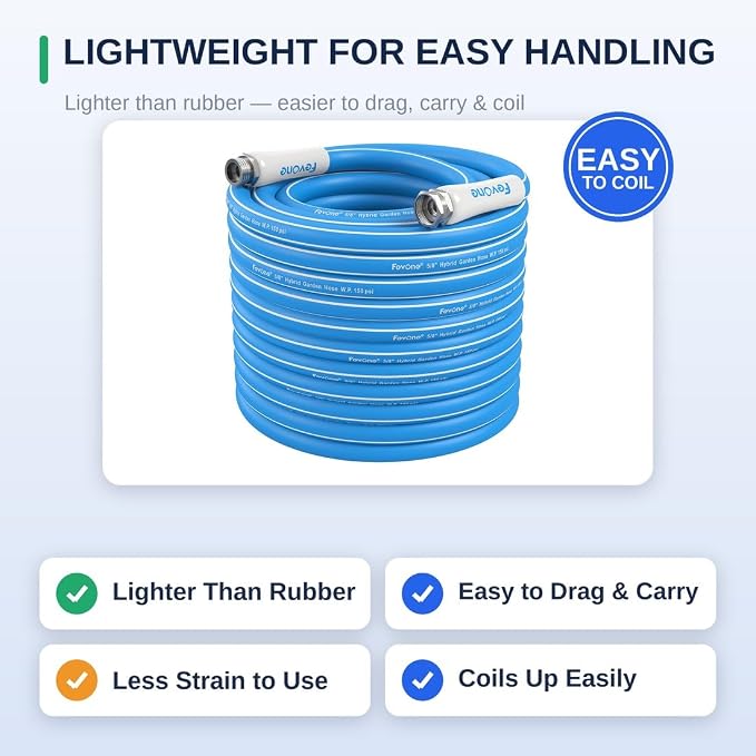 FEVONE Kink Free Garden hose 100 ft, Heavy Duty Water Hose | Drinking Water Safe, Flexible Lightweight Hybrid Polymer, 5/8 ID, 600 PSI, Leak-Free, Aluminum 3/4 GHT Connectors